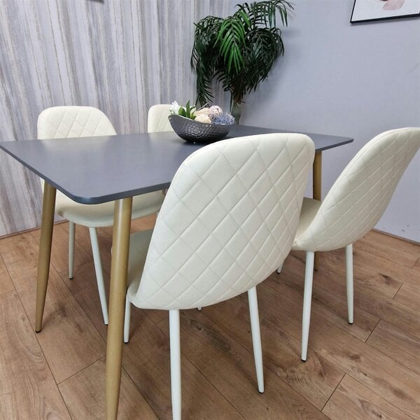 Kosy Koala Wooden Rectangle Dining Table Set Grey Table with 4 Cream Gem Patterned Chairs