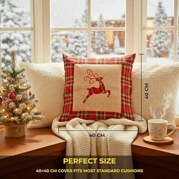 Shatchi 40x40cm 40x40cm Reindeer Print Christmas Cushion Cover in Brown Hessian and Non-Woven