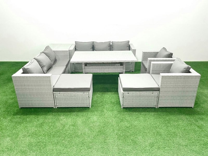 Fimous Rattan Garden Furniture Set Outdoor 8 Seater Patio Dinin g Sofa Sets with Dining Table 2 Chairs Side Table 2 Big Footstools Light Grey Mixed