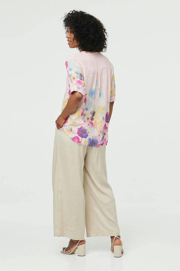 Pink | Floral Turn-Up Sleeve Curve Hem Blouse