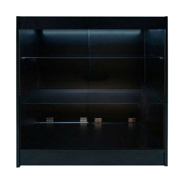 Black Aries LED shop counter set featuring sleek glass shelves and illuminated interior, perfect for showcasing products