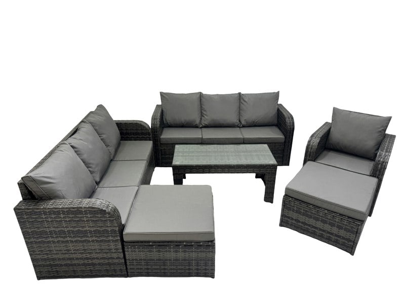 Fimous Rattan Garden Outdoor Furniture Set 3 Seater Sofa Reclining Chair Coffee Table with 2 Big Footstools Dark Grey Mixed