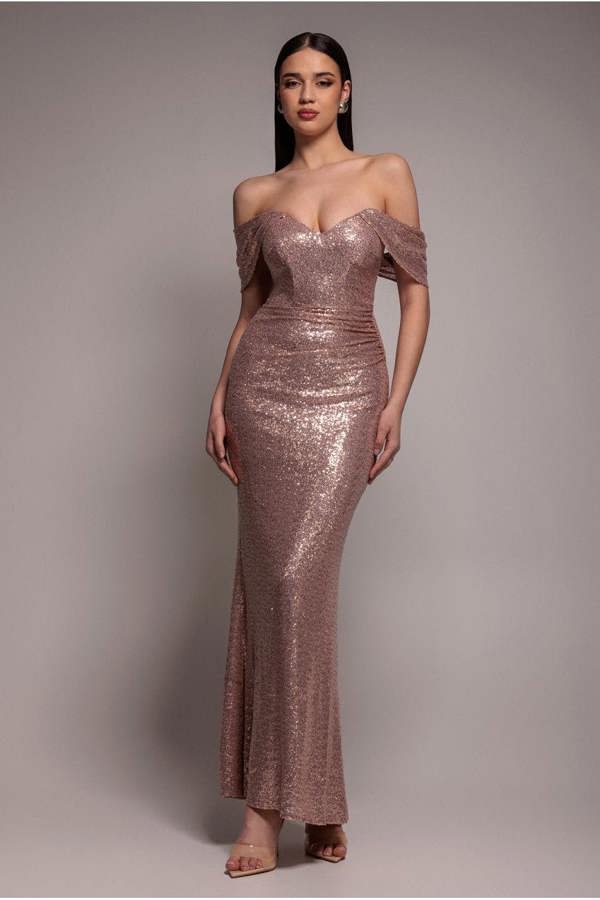 Off The Shoulder Sequin Wing Maxi Dress - Champagne DR3616