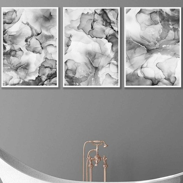 Artze Wall Art Abstract Floral Fluid in Grey Set of 3 Wall Art Prints | Framed