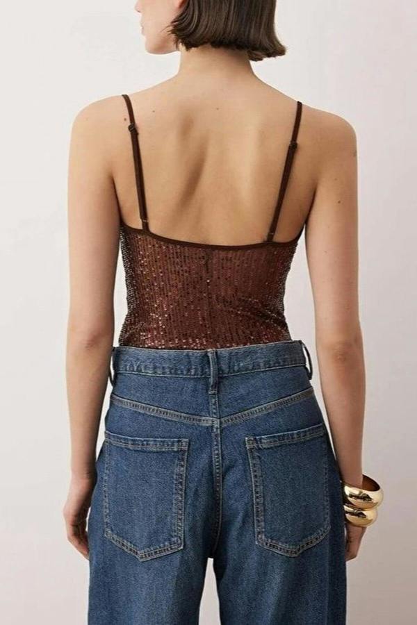 WOVCOR Sequin Knit Bodysuit with Cowl Neck Straps