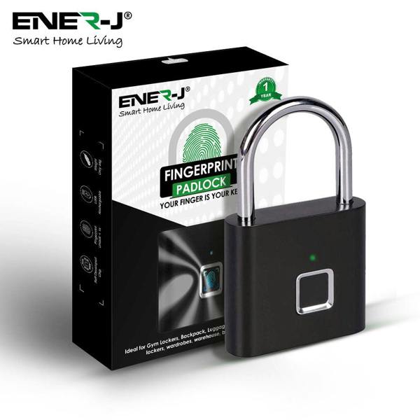 ENER-J Smart Fingerprint Padlock, USB Rechargeable Biometric Lock, 10 User Access, 9,000 Unlocks, Gym, Lockers, Bikes & Travel, Black