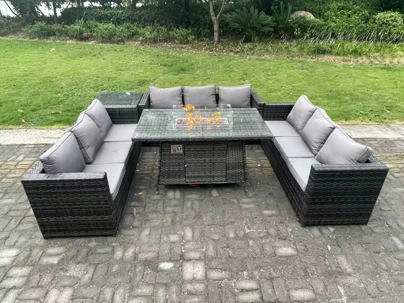Fimous 9 Seater Rattan Garden Furniture Sofa Set Outdoor Patio Gas Fire Pit Dining Table Gas Heater Burner With Side Table Dark Grey Mixed