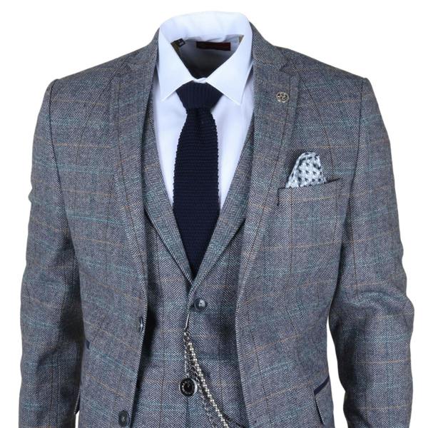 Infinity Leather Men's Light Blue Grey Check Tweed 3-Piece Suit Vintage Pattern Tailored Fit Woollen Suit