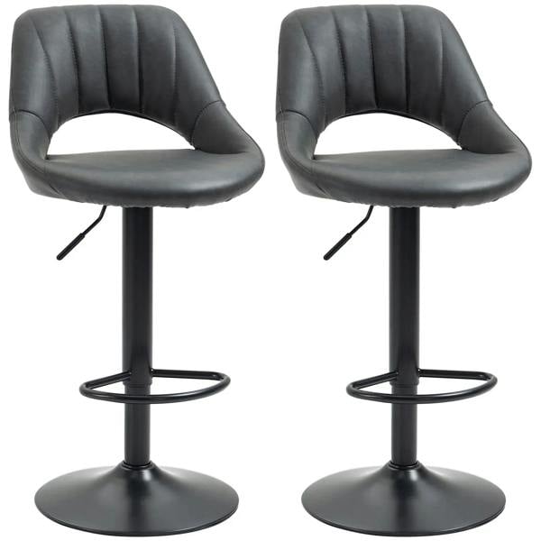 Set of 2 grey PU leather swivel bar stools with backrest and circular footrest