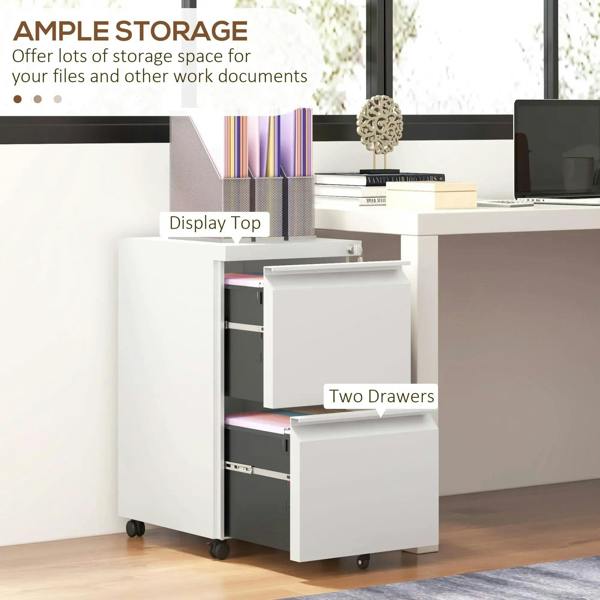 White 2-drawer mobile filing cabinet with both drawers open on caster wheels