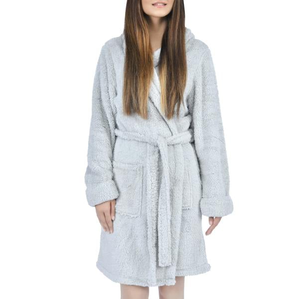 Smart Living Women's Faux Fur Fleece Hooded Bathrobe- Grey