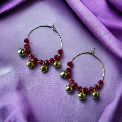 The Colourful Aura Gold Red Ghungroo 30mm Huggie Multicolour Dainty Boho Summer Hoop Bali Earring