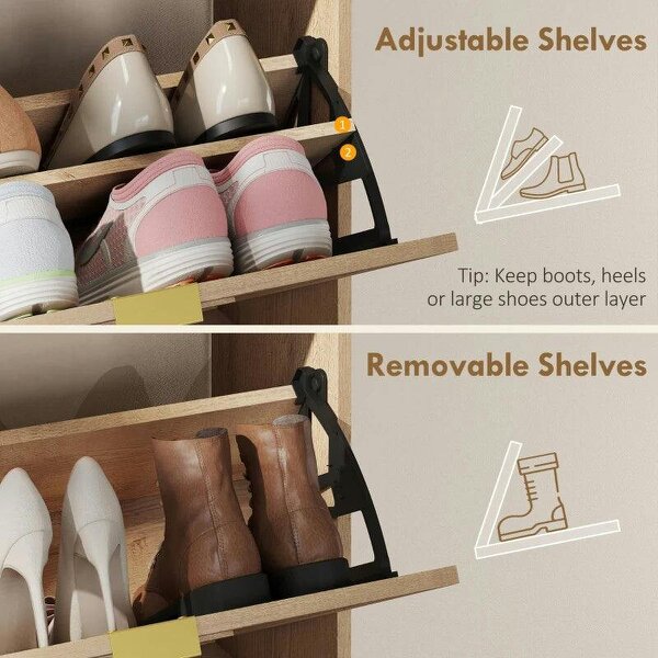 Shoe Cabinet with 2 Flip Drawers, Narrow Shoe Storage Top for Entryway Hallway, Walnut Brown