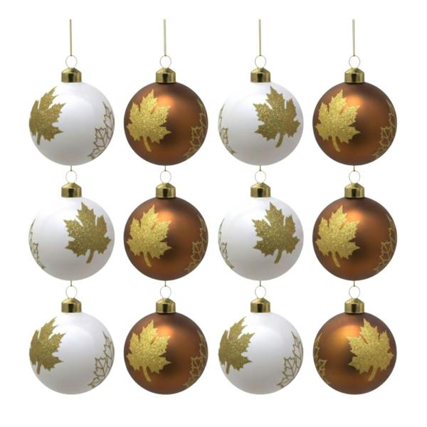 8cm Glass Christmas Baubles 12 Pack Red Maple Leaves Design Festive Tree Decorations image 1