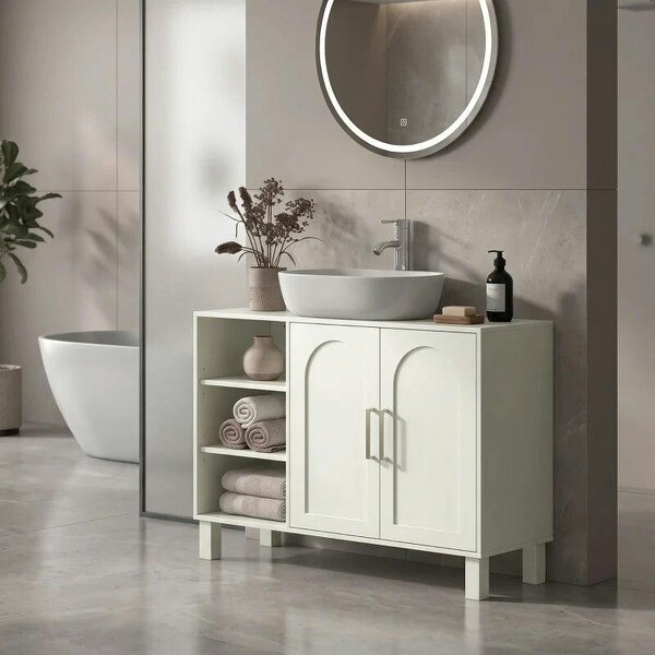 Under Sink Cabinet, Bathroom Sink Cabinet with U-Shaped Cutout, Two-Level Cupboard, Adjustable Shelf for Basin, Cream