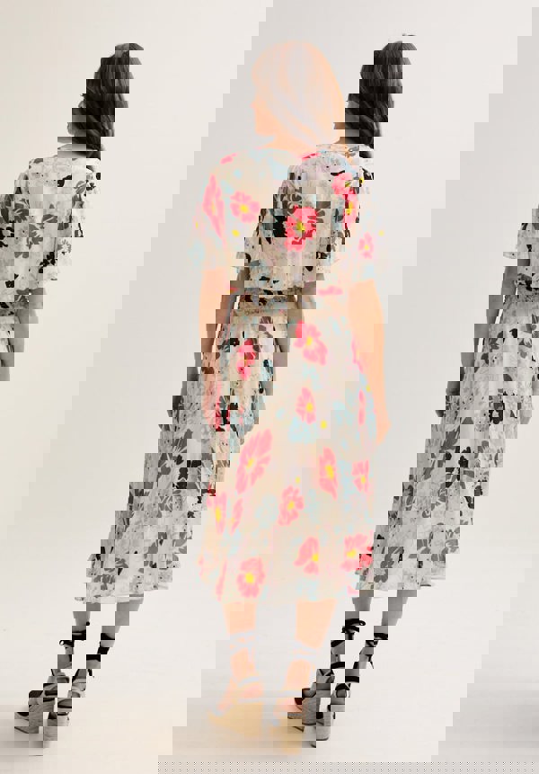 Galaxy Cowl Neck Poppy Print Midi Dress In Multi