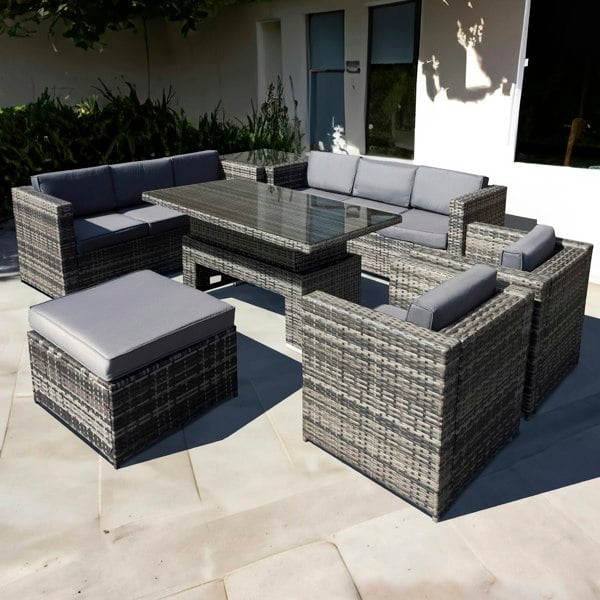 Oseasons Malta Rattan 9 Seat Rising Table U-Shape Set in Walnut Grey