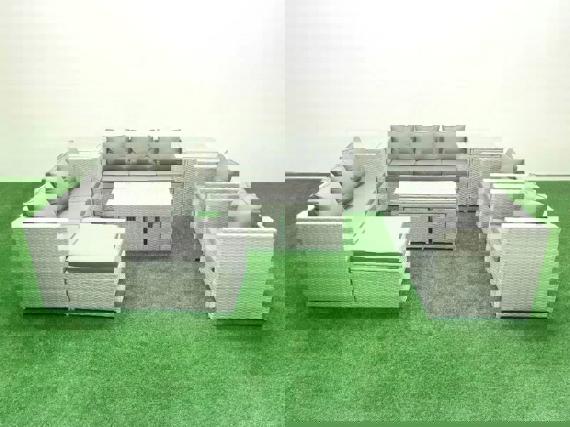 Fimous Outdoor Garden Furniture Rattan Sofa Set with 2 Armchairs Oblong Coffee Table 3 Footstools 2 Side Tables Light Grey Mixed