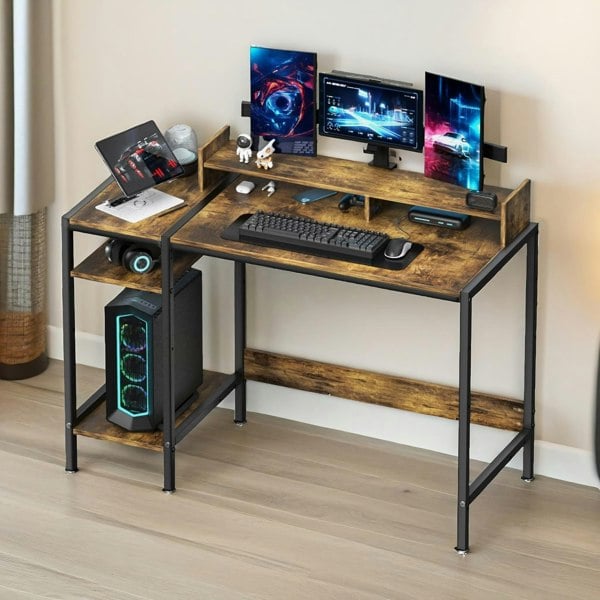 Rafaelo Mobilia Industrial Computer Desk With Monitor Stand And Shelves Brown