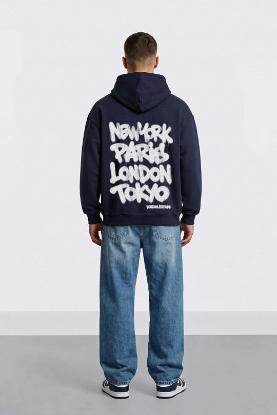 London Attitude Oversized Heavyweight City Graffiti Hoodie - New French Navy