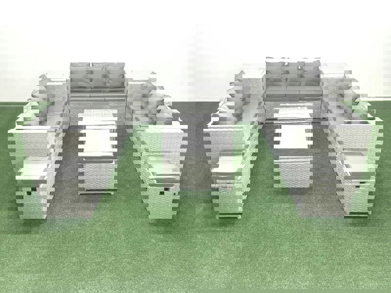 Fimous Rattan Garden Outdoor Furniture Set 12 Seater Garden Sofa Coffee Table Set with 3 Footstools 2 Side Tables Light Grey Mixed