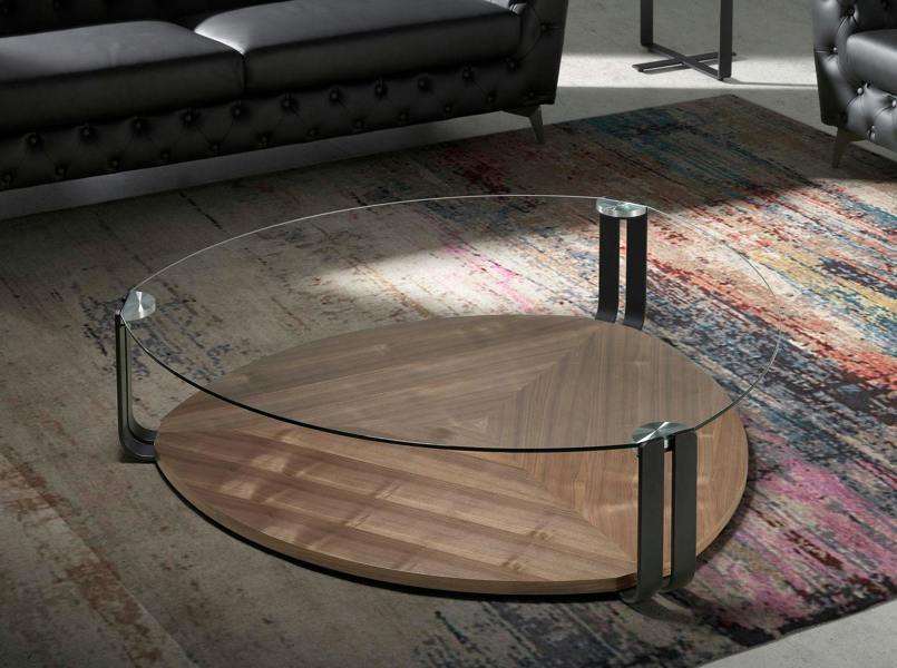 Angel Cerdá Triangular Coffee Table Triangular Tempered Glass, Black Steel and Walnut 2055