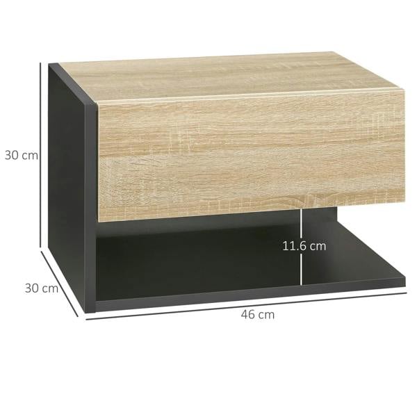 Floating bedside cabinet with oak-tone top panel and dark open storage shelf underneath
