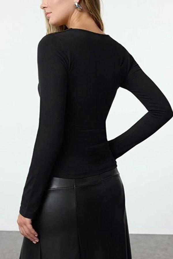 WOVCOR Square Neck Draped Detailed Fitted Knit Blouse