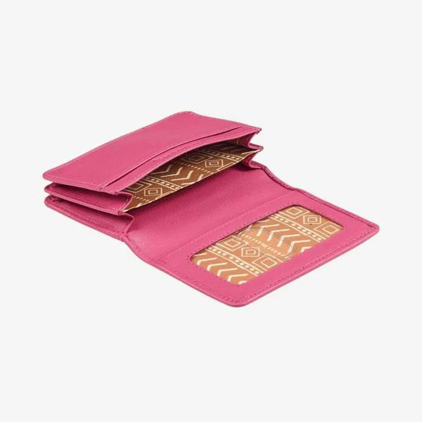 Pink leather card holder with RFID protection and ID window