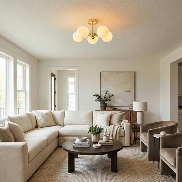 Chic Polished Gold 5-Arm Ceiling Light with White Globe Glass Shades Image 6
