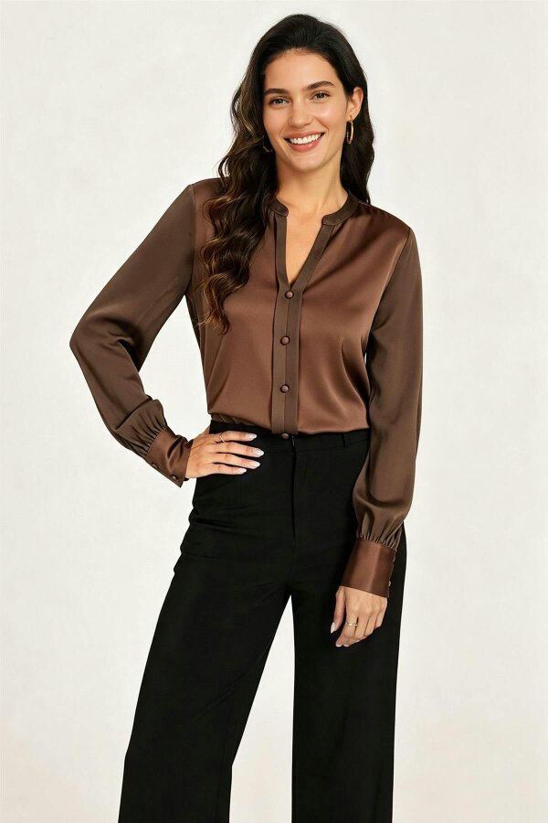 FS Collection Long Sheer Sleeve Satin Notch Neck Blouse Top In Brown