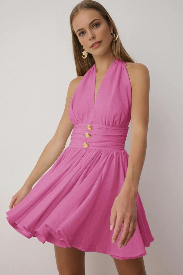 WOVCOR Skater Mini Dress with Button Detail