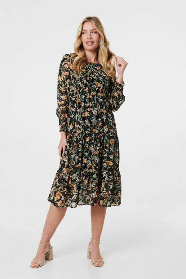 Black | Floral Long Sleeve Smocked Midi Dress
