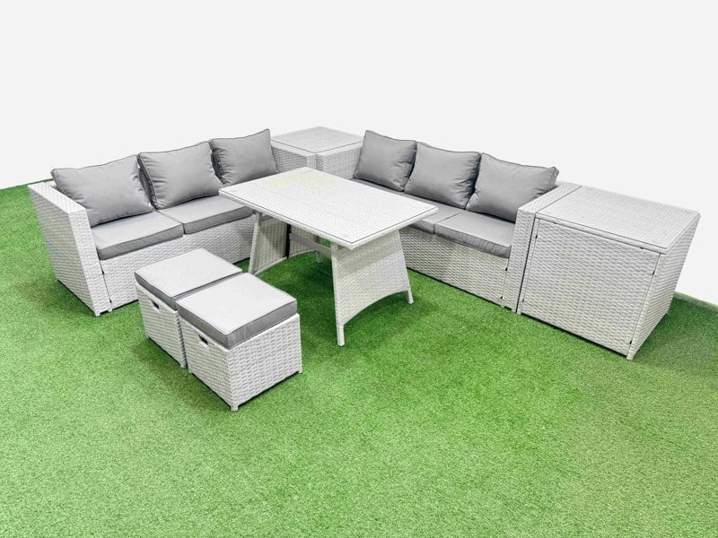 Fimous Rattan Garden Furniture Dining Set 8 seater Patio Rectangular Table 3 Seater Sofa Set with 2 Side Tables 2 Small Stools Light Grey