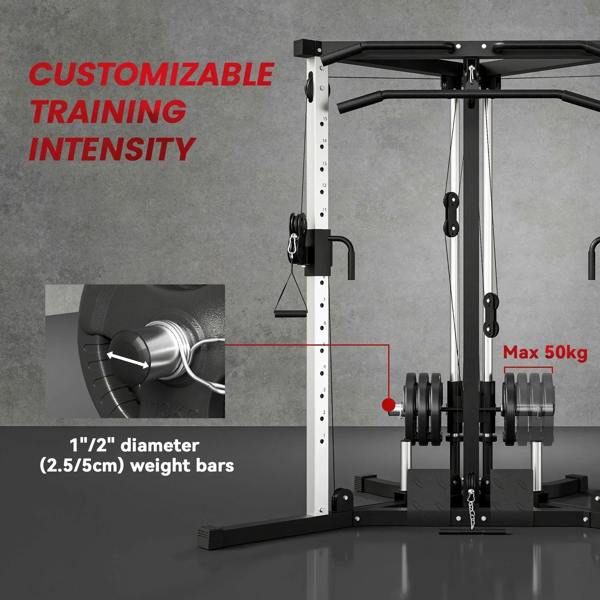 High-low pulley trainer with adjustable cable resistance bars and weight plates, black frame