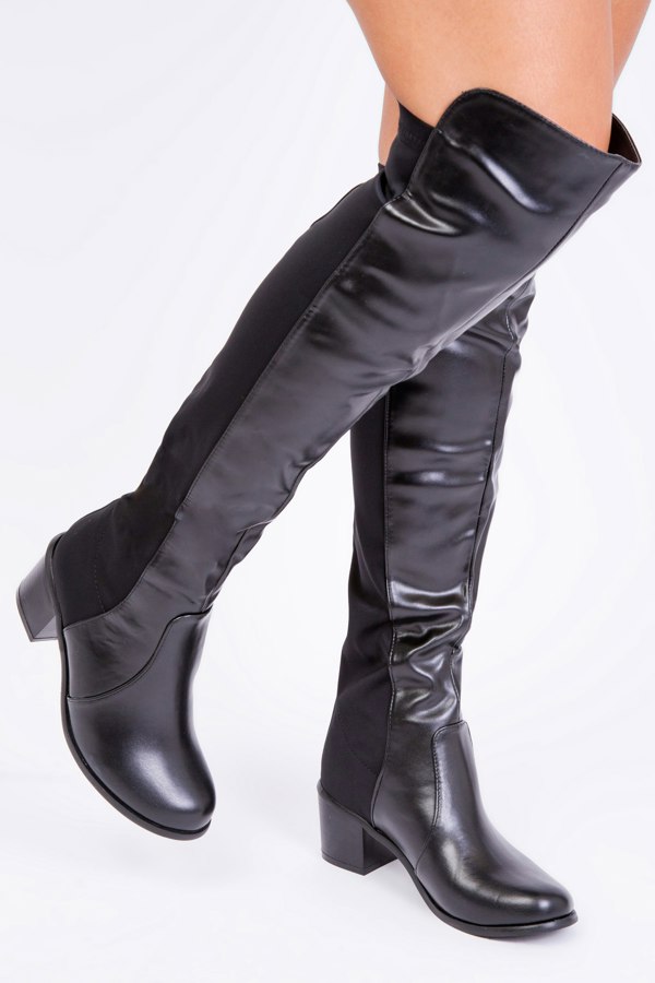 Where's That From Britta Thigh High Mid Heeled Boots in Black Faux Leather