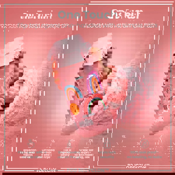 A pink children's water bottle, decorated with rainbows, is held; its flip top opens one-handed with a simple click. The bottle features a triple lock security mechanism and is 100% leak-proof. POD RECYCLON™ is also displayed.