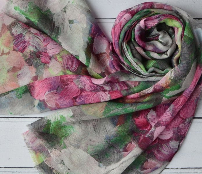 Antonia York Abstract Floral Scarf | Clara Brush Stroke Watercolour Pink Green Grey Wrap