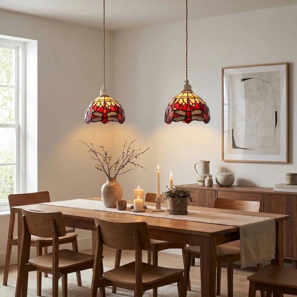 Deep Red and White Stained Glass Dragonfly Tiffany Pendant Shade Image 6