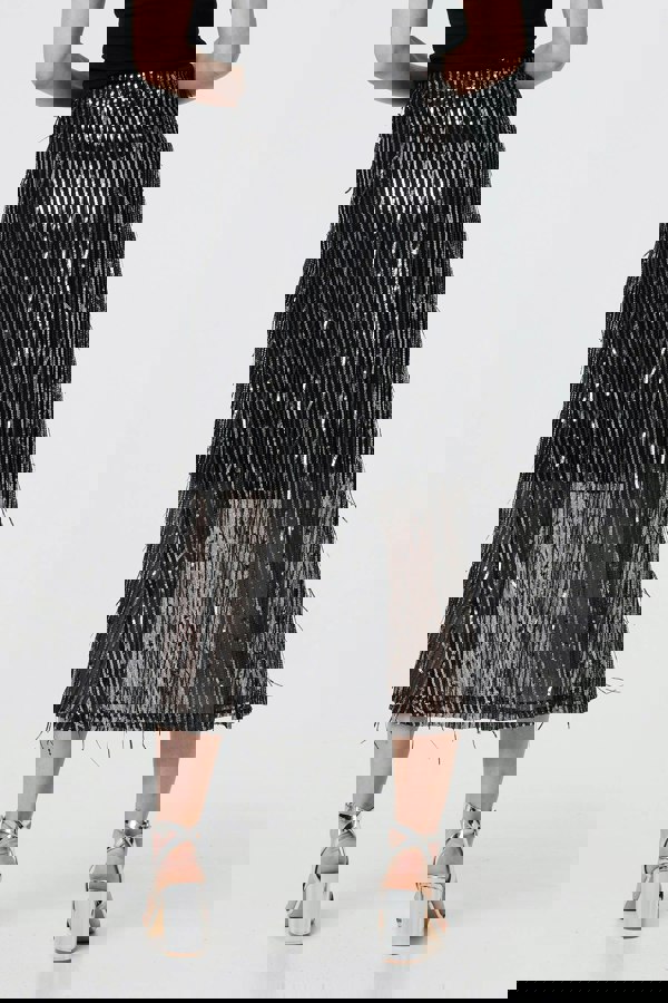 Black | Sparkly Striped Mesh Layer Midi Skirt
