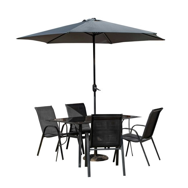 Samuel Alexander Outdoor 4 Person Rectangular Glass Top Garden Dining Table Chairs With Grey Havana Parasol and Base Set