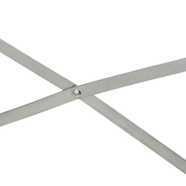 Light grey galvanized steel raised bed with cross-reinforcing rods and bolt join
