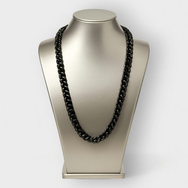 Black Long Aluminium chain necklace on a silver mannequin bust against a white background