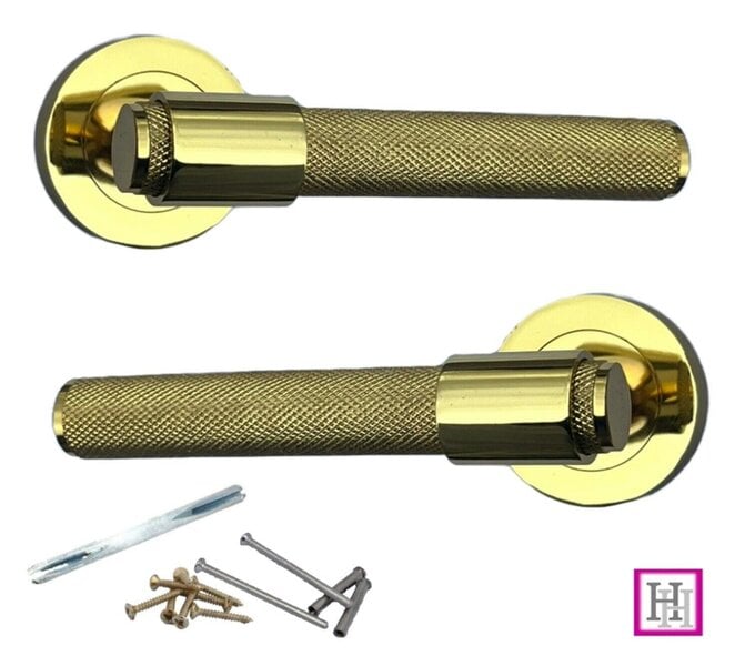EDH Door Hardware Knurled Door Handles Polished Brass Loop & Neck On Round Rose Latch Handle, 6 Pairs