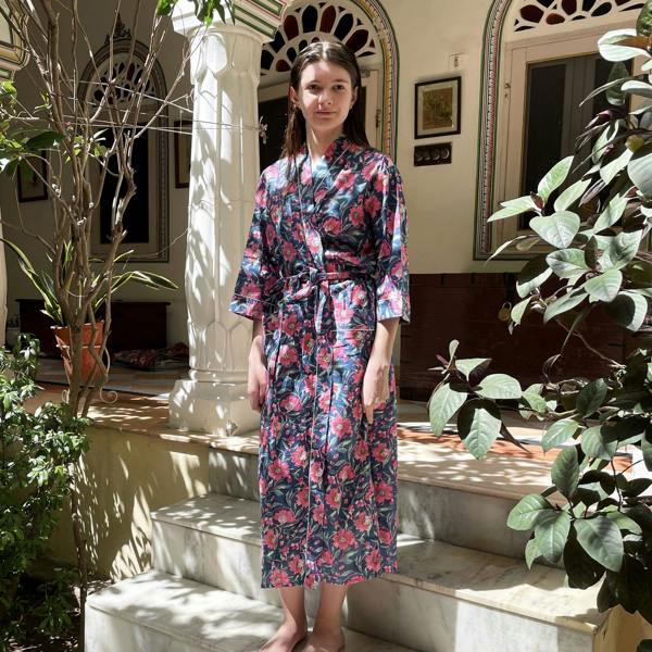 Hayley & Co Navy and Pink Floral Block Print 100% Cotton Dressing Gown
