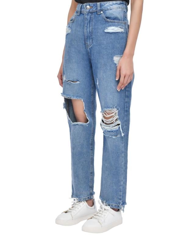 Smart Living Women's Casual Style High-Waist Torn Hem Rip Mom Jeans - Mid Wash