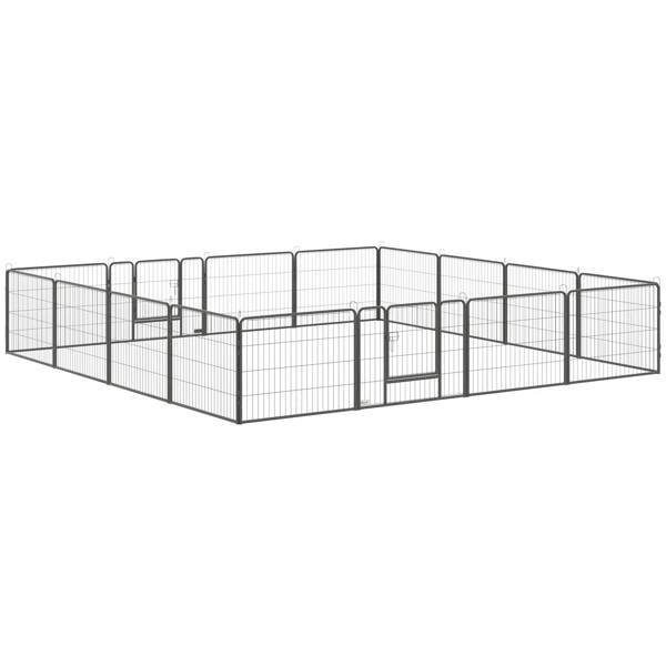 Grey 16-panel metal dog playpen with hinged doors and wire mesh panels