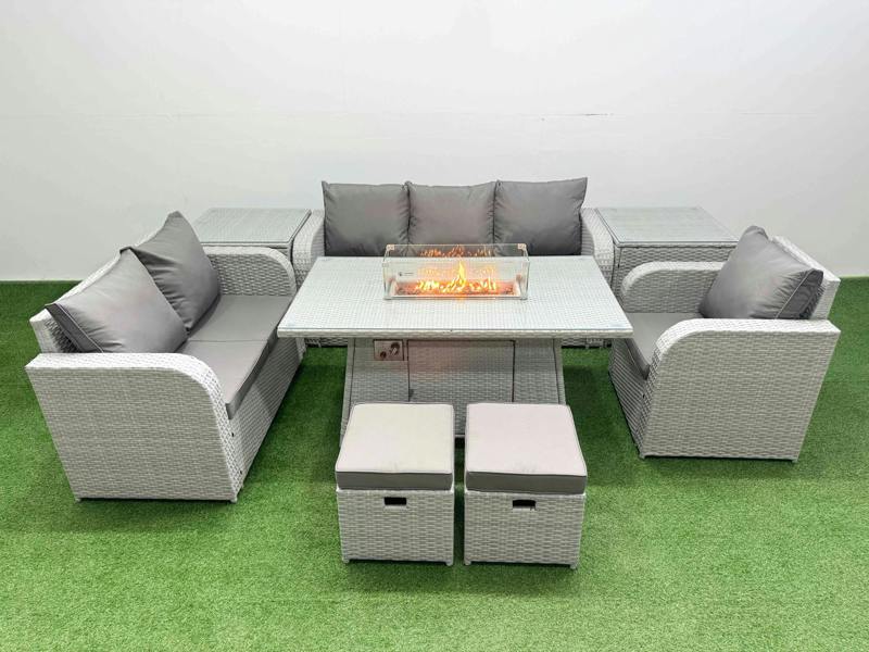 Fimous 8 Seater PE Wicker Rattan Garden Furniture Patio Set, Firepit Table, Reclining Chair, Loveseat, 3 Seater Sofa, Stool, 2 Side Table, Light Grey