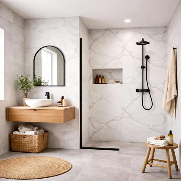 Modern bathroom with pvc wall panel, wooden vanity, and shower area.