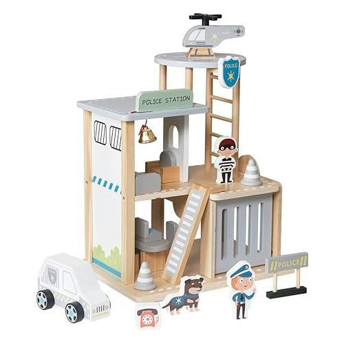 HYGRAD® Wooden Police Station Playset for Kids – Multilevel Pretend Play Toy Dollhouse, 3-Level with Figures, Car, Helicopter Pad, Prison Cell